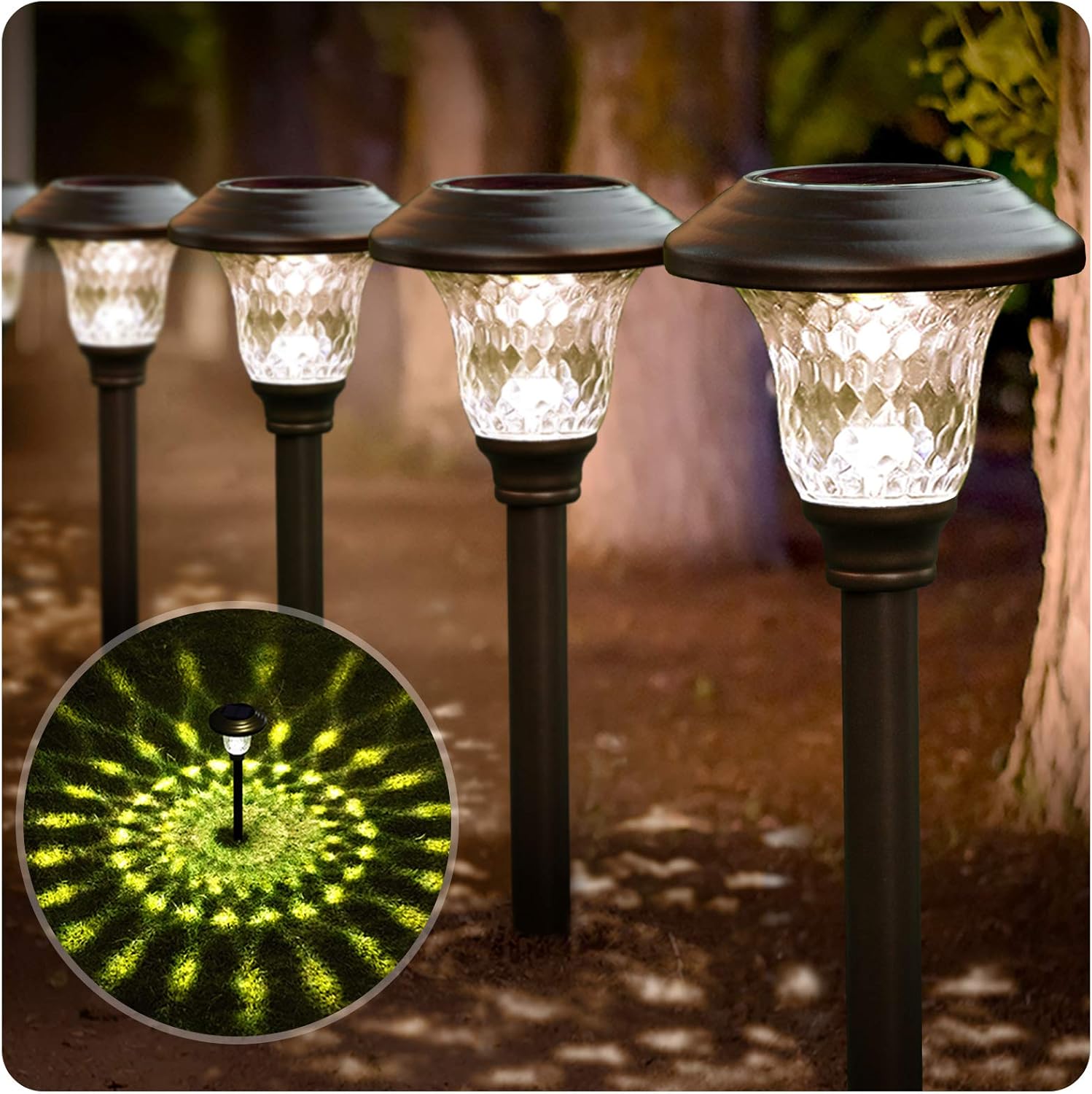 8 Pack Solar Pathway Lights Outdoor Garden Stake Glass Stainless Steel IP65 Waterproof Black Y81581