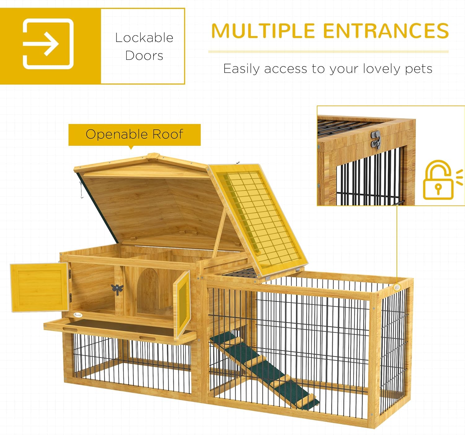 Yellow Wooden Rabbit Hutch with Removable Tray N236