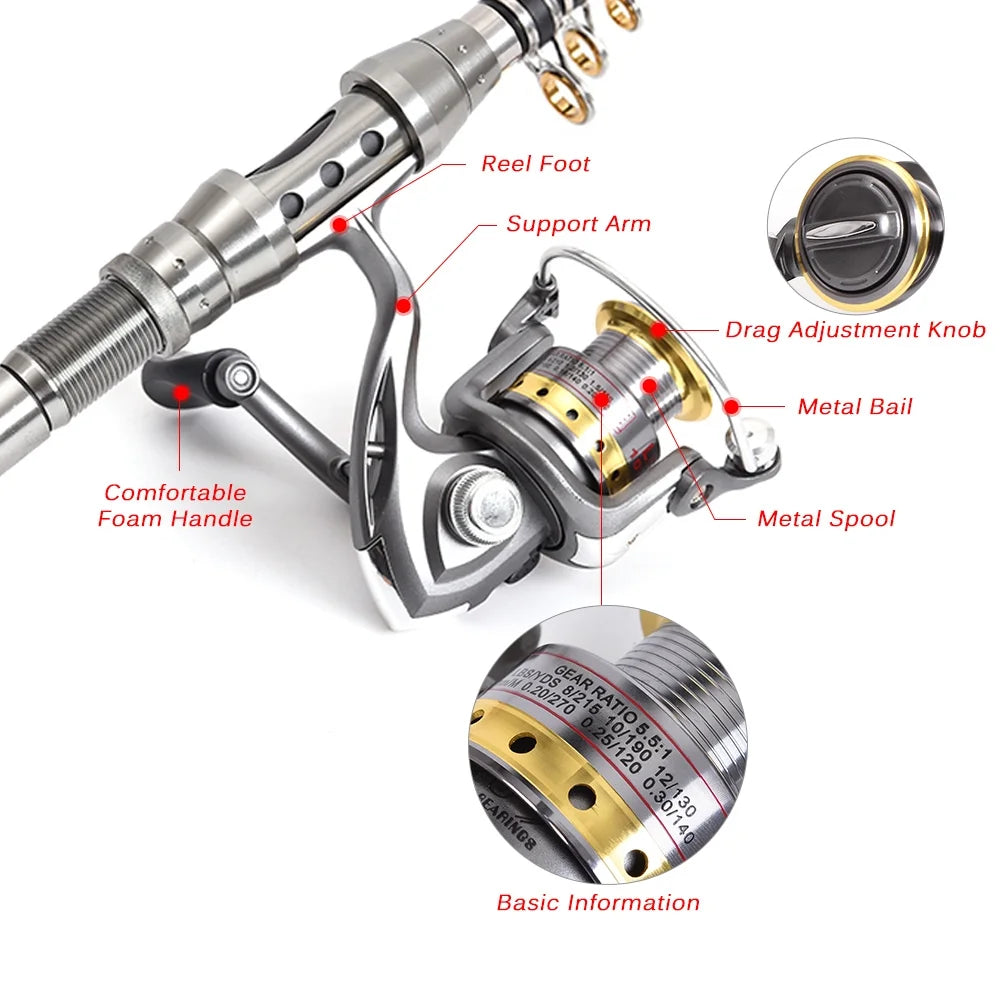 Telescopic Carbon Fiber Fishing Rod and Reel Combo E530855