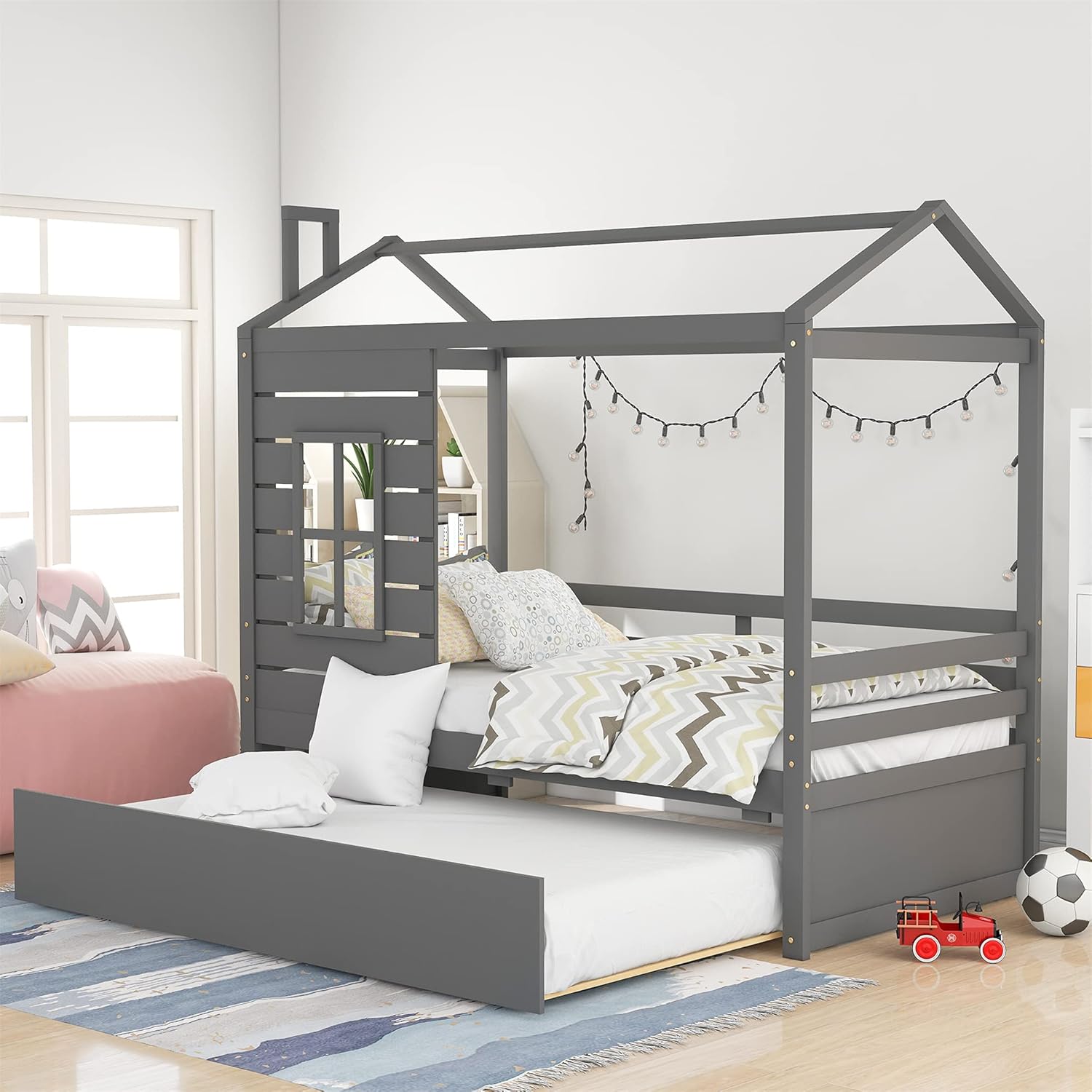 White Twin House Bed with Trundle X3675