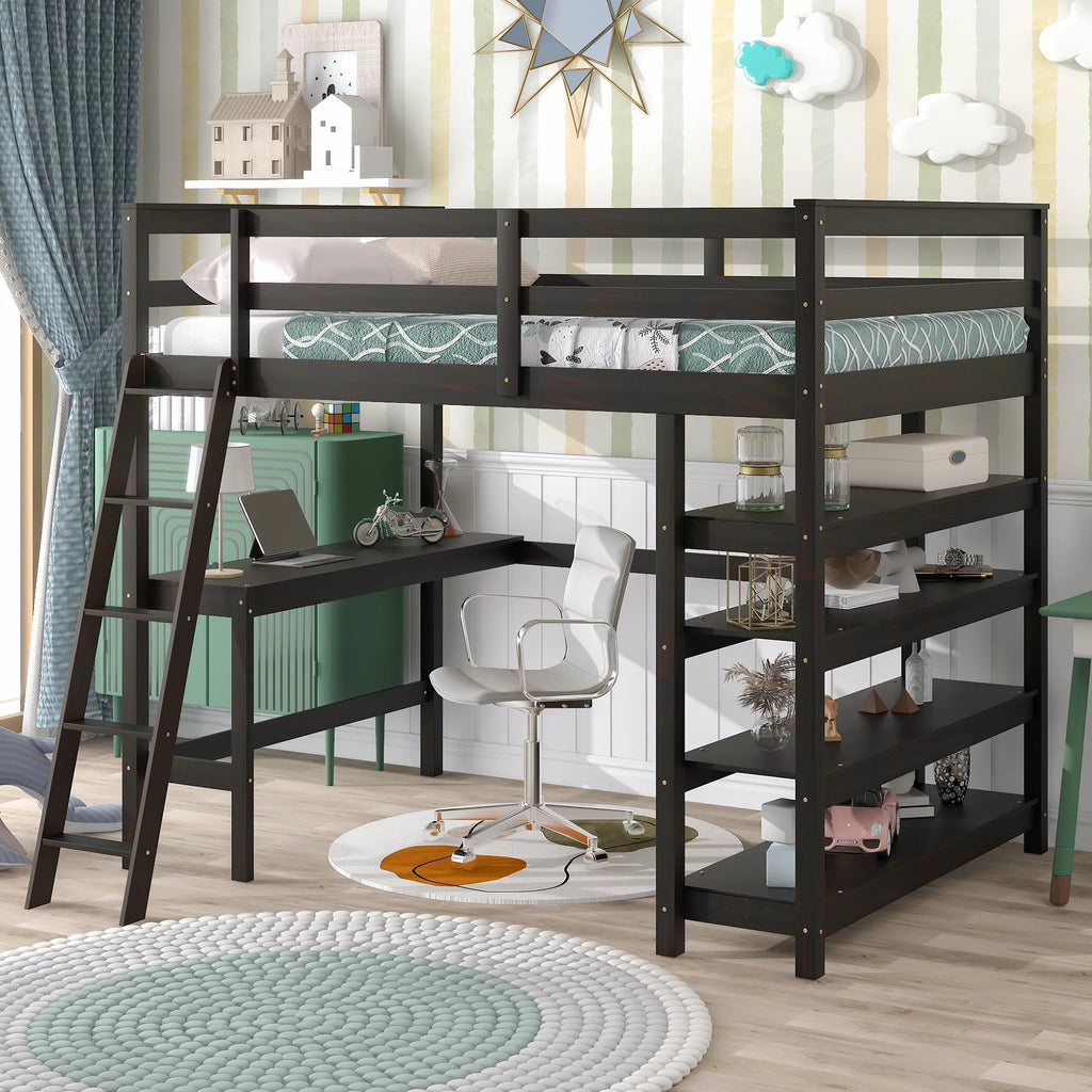 Full Size Wooden Loft Bed with Desk and Storage Shelves L42480