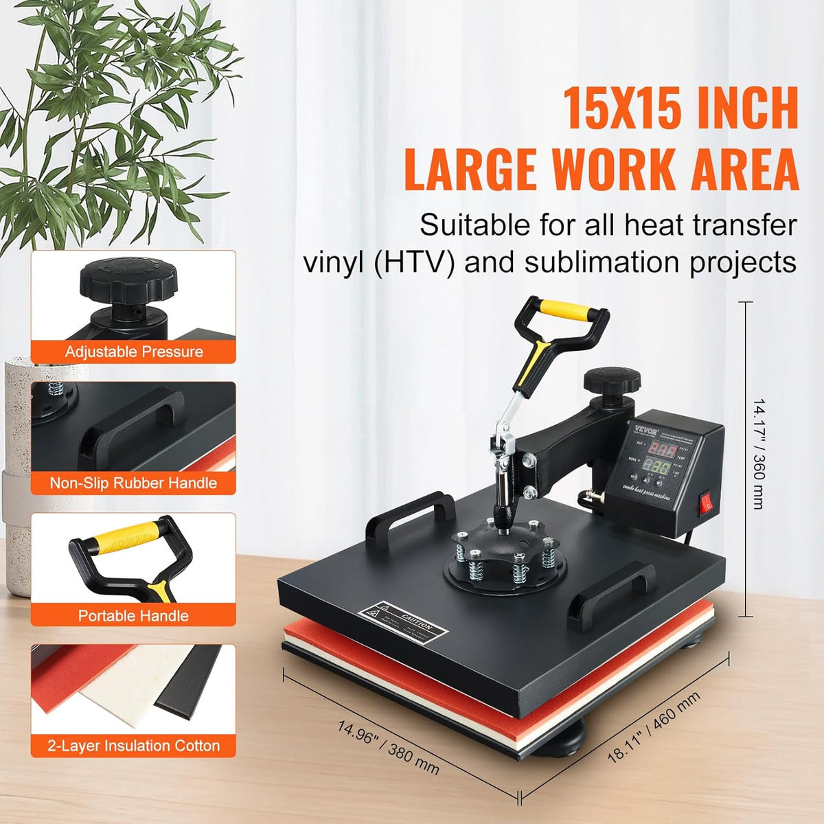 15x15 Heat Press Machine with Hat Press, 360° Swing Away Digital Tshirt Press Machine N393569