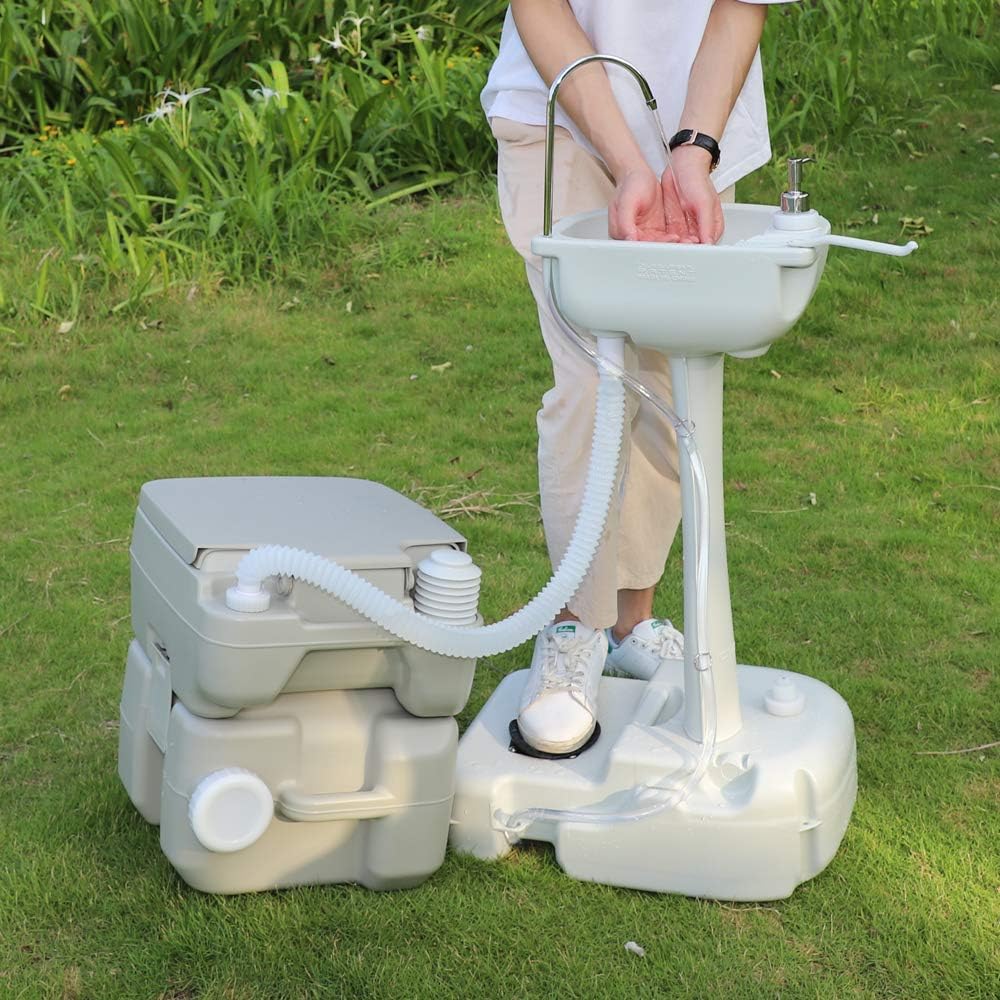 Portable Sink and Toilet Combo, 5 Gal Hand Washing Station & 5.3 Gal Flushing Toilet, Detachable W6770