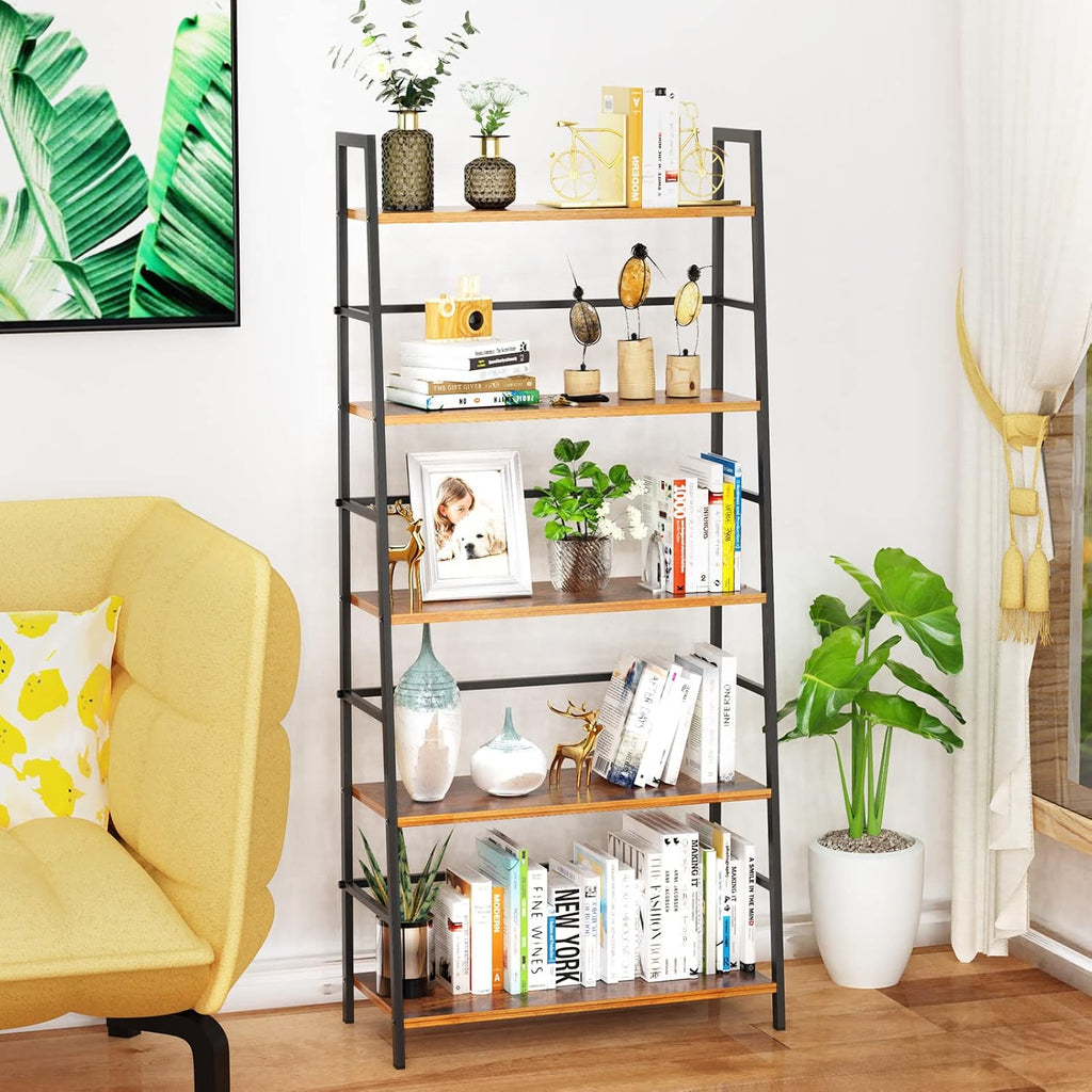 5-Tier Brown Wood Bookcase with Metal Frame Z740103