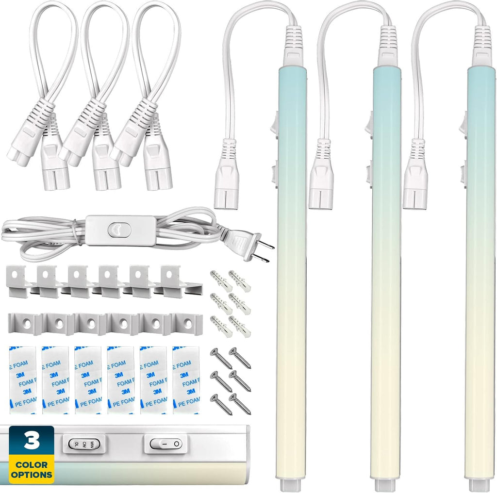 LED Under Cabinet Light Kit, 3 PCS Plug In, 36W, 3600 Lumens, Linkable, 3 Color Option, Peel and Stick or Bracket Mounted, On/Off Switch, Damp Rated O49169