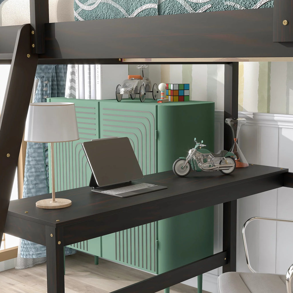 Full Size Wooden Loft Bed with Desk and Storage Shelves L42480