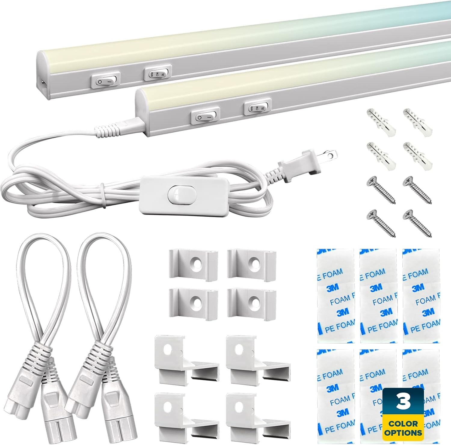LED Under Cabinet Light Kit, 3 PCS Plug In, 36W, 3600 Lumens, Linkable, 3 Color Option, Peel and Stick or Bracket Mounted, On/Off Switch, Damp Rated O49169