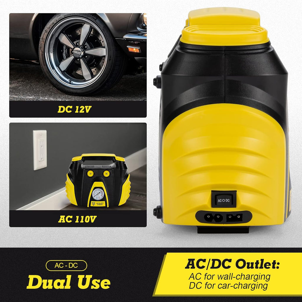 Portable Tire Inflator 12 V Air Compressor Pump with Dual Power, 3 Air Nozzle and Carrying Case, Yellow Q8136