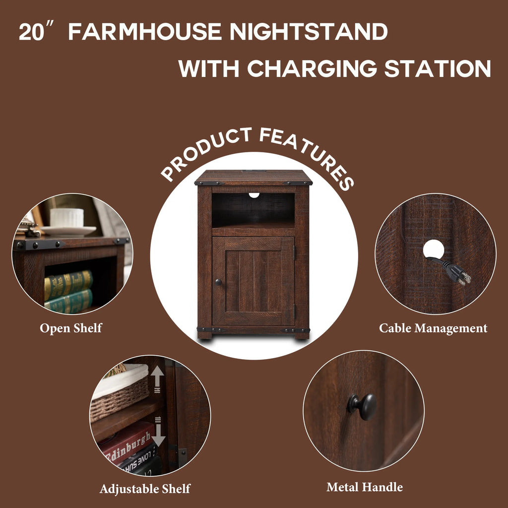 Brown Nightstand with Charging Station, Barn Door, Open Shelf K47091