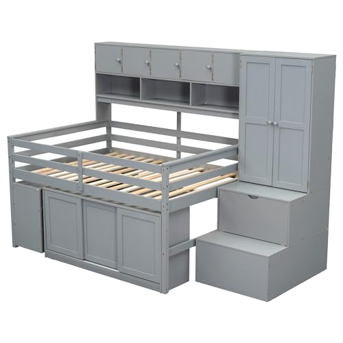 White Twin Size Solid Wood Loft Bed with Storage K825354