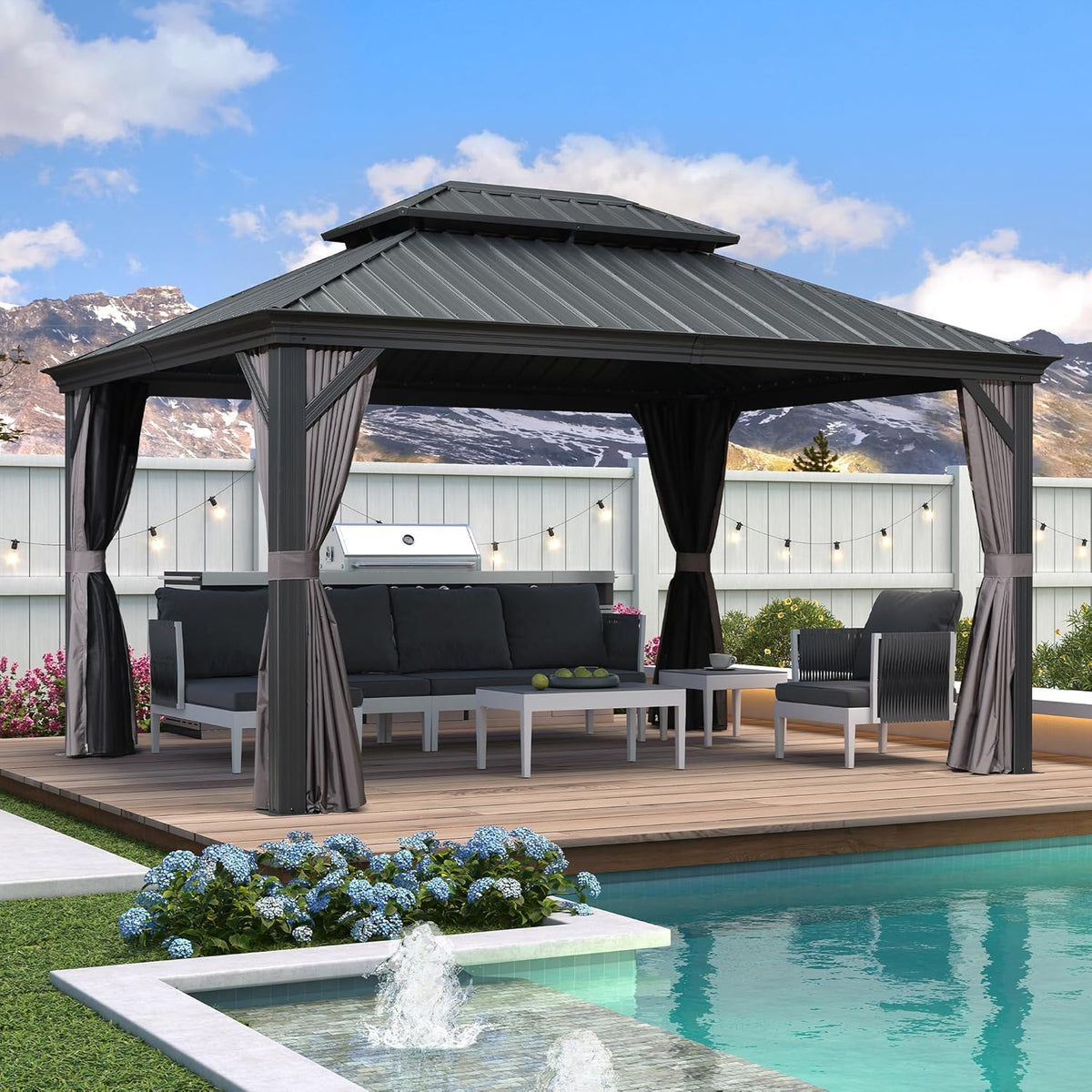 Grey 11' x 14' Hardtop Gazebo with Galvanized Steel Double Roof I53869