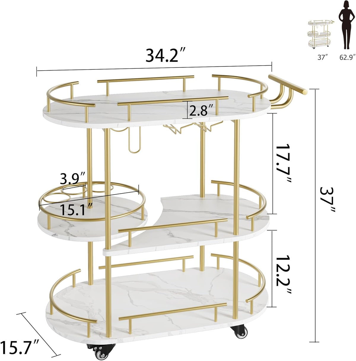 Gold 3 Tier Rotating Bar Cart with Wheels N302