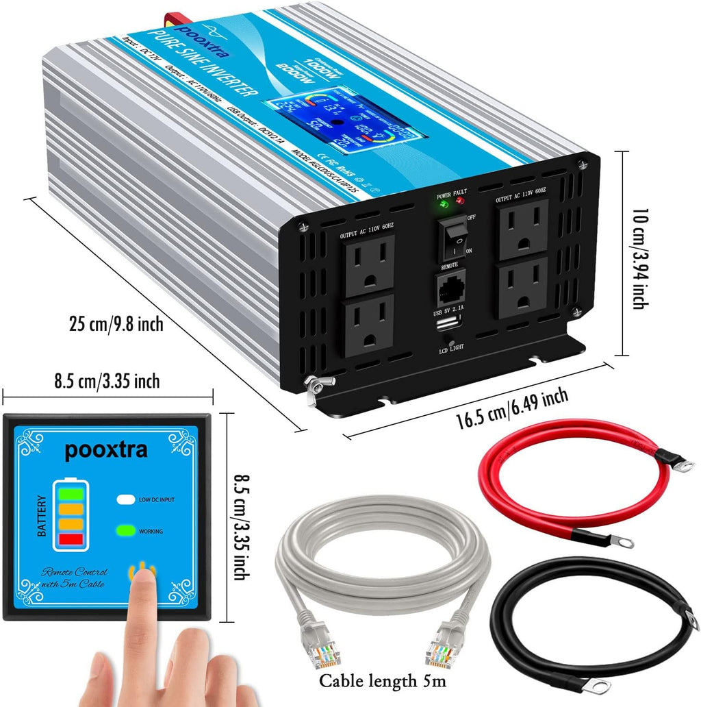2000 Watt Pure Sine Wave Power Inverter 12V DC to 110V AC with LCD Display USB Port 4 AC Outlets U931