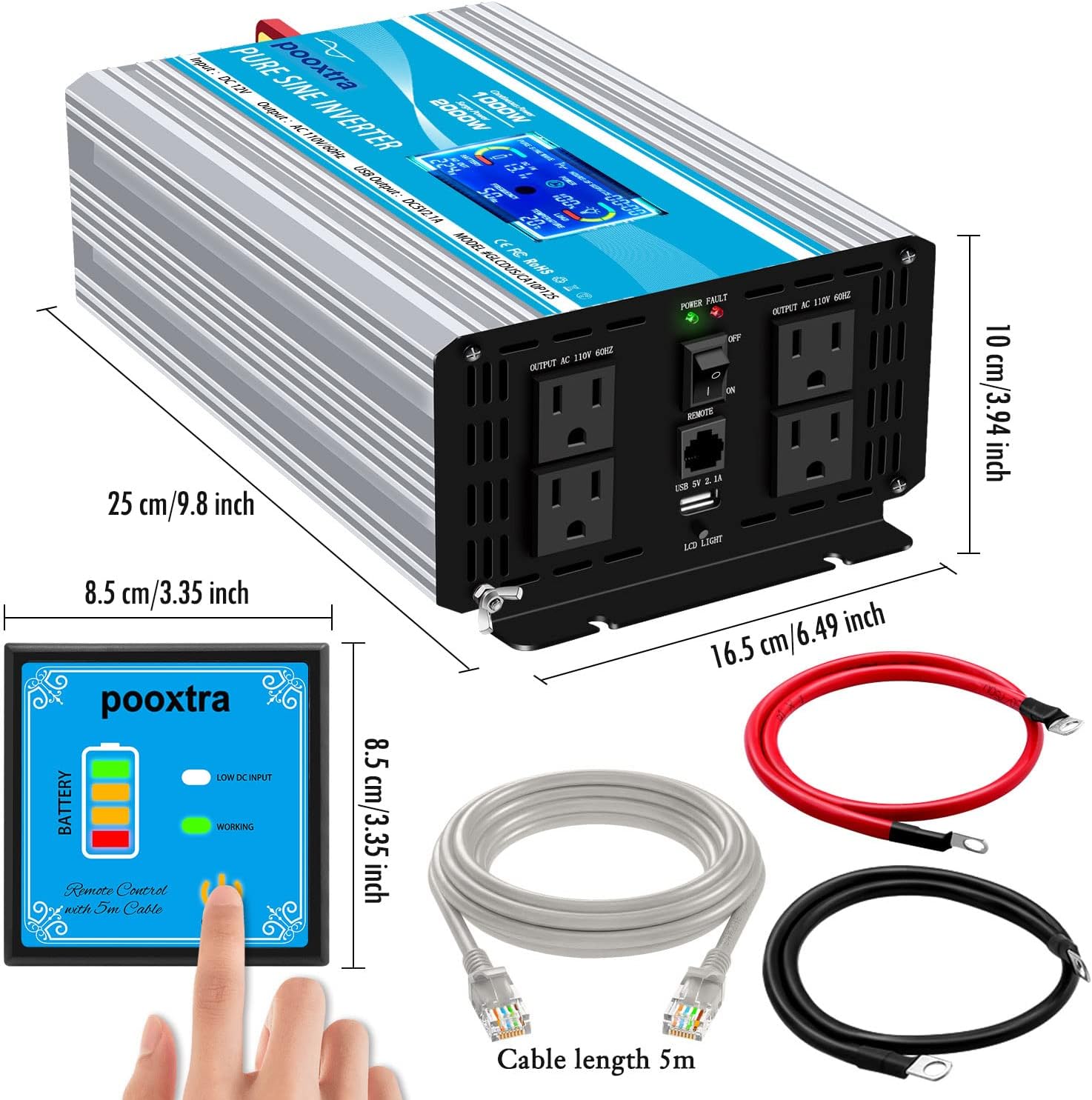 2000 Watt Pure Sine Wave Power Inverter 12V DC to 110V AC with LCD Display USB Port 4 AC Outlets U931