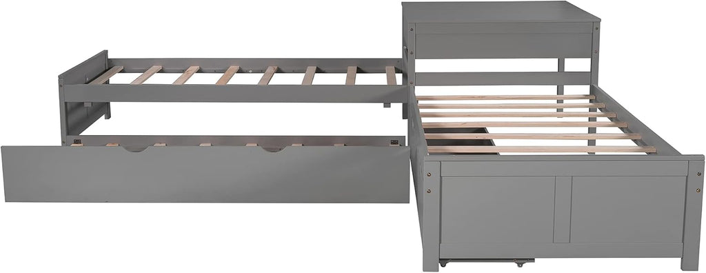 Twin L-Shaped Platform Bed with Trundle, 2 Storage Drawers, and Built-in Square Desk W107