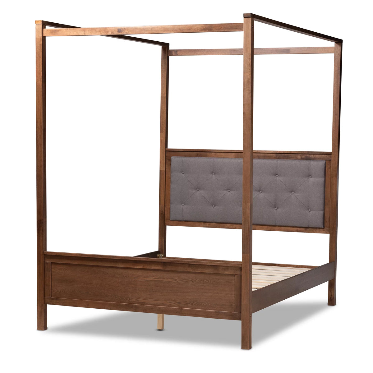 Queen Size Grey Fabric Upholstered Wood Platform Canopy Bed X454