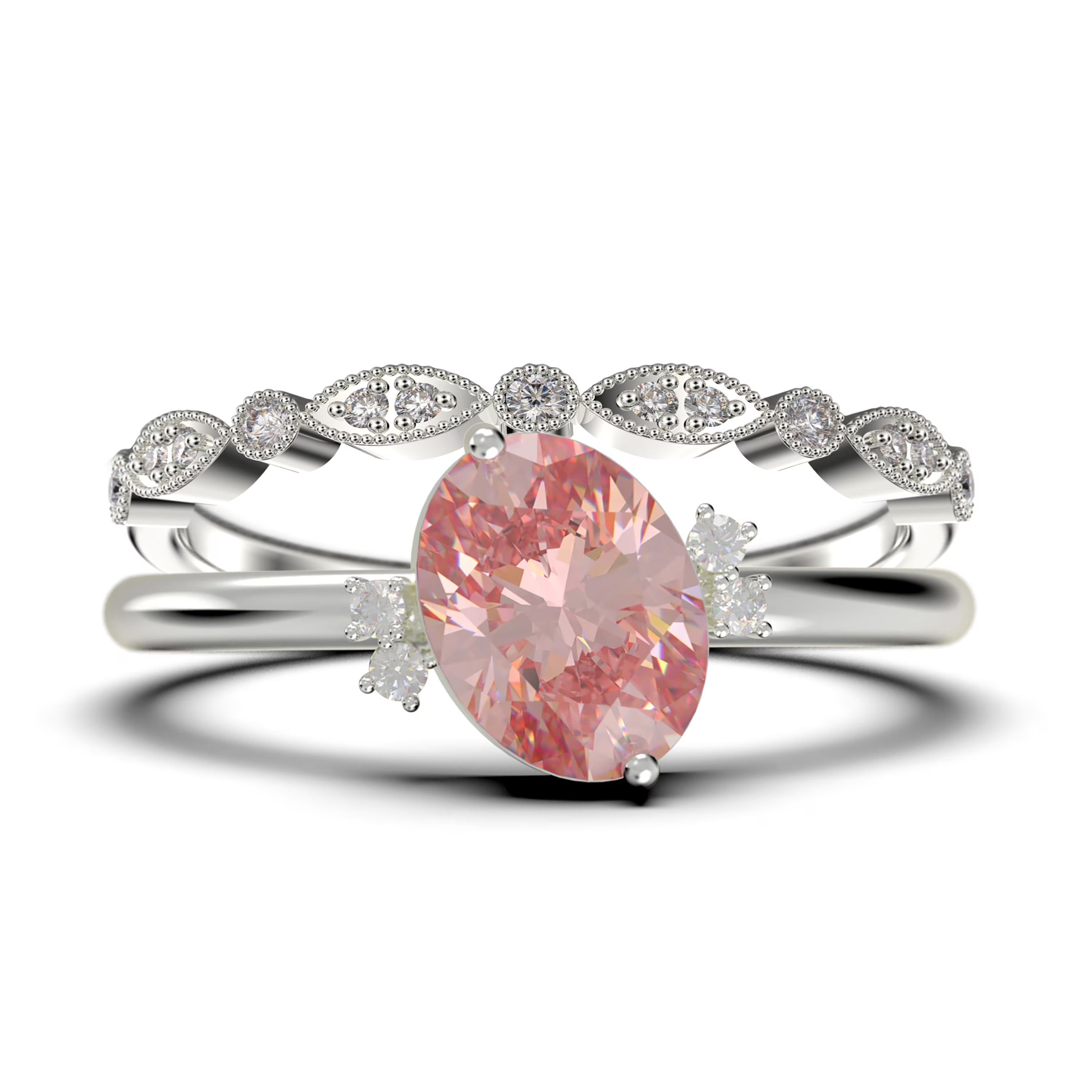10K Solid White Gold Oval Cut Morganite And Diamond Moissanite Engagement Ring Z9170