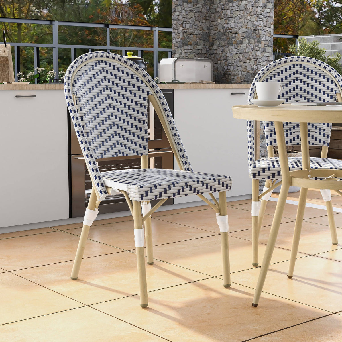Natural Tone Patio Bistro Chairs (Set of 2) - Blue & White J5981