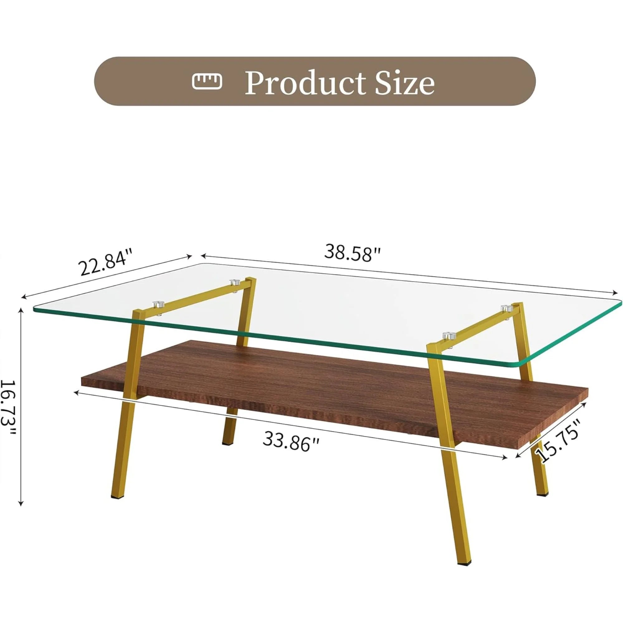 Black Frame Transparent Glass Brown Wood Coffee Table U416718