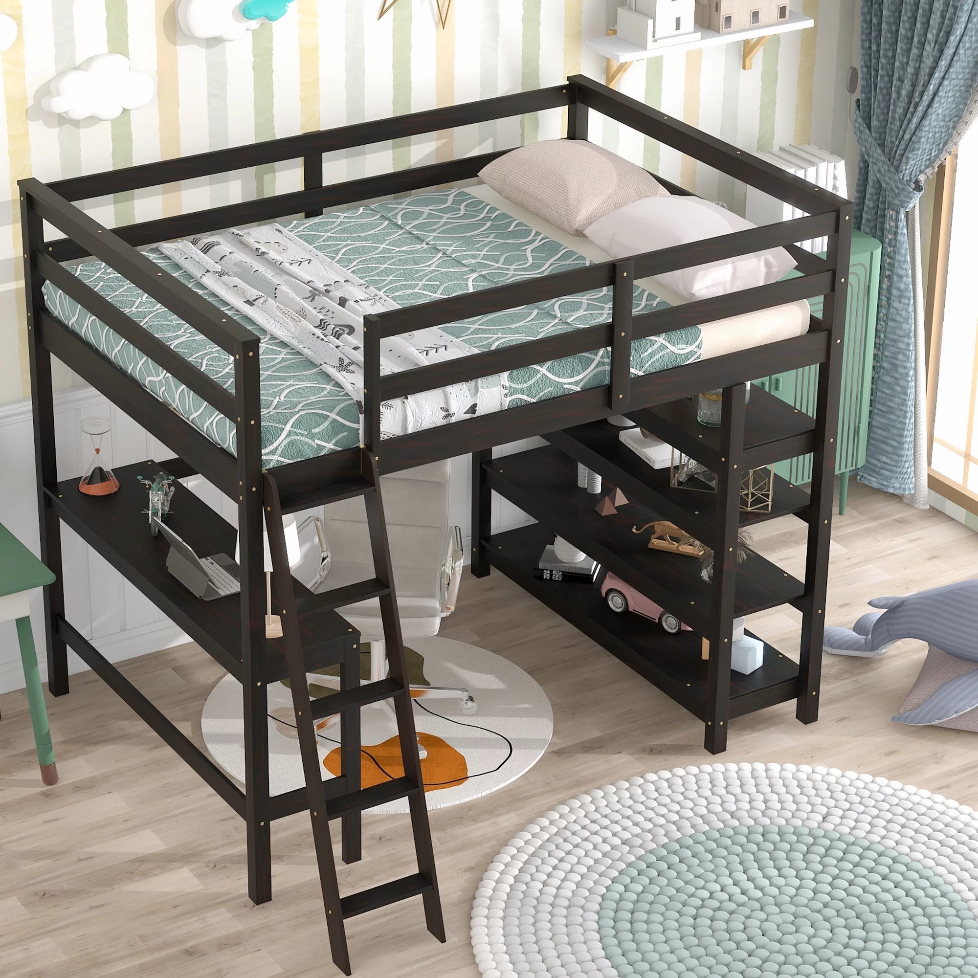 Full Size Wooden Loft Bed with Desk and Storage Shelves L42480