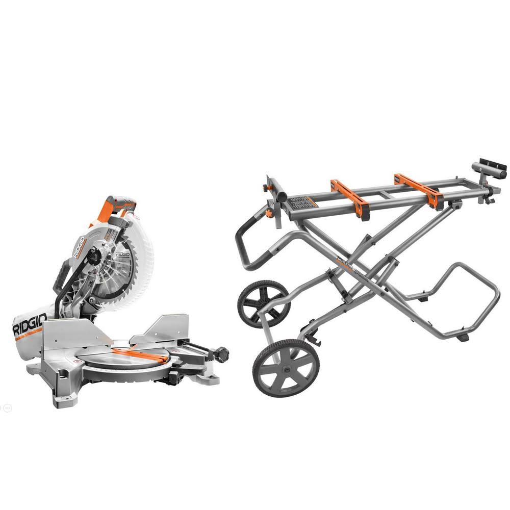15 Amp 10 in. Dual Miter Saw with LED Cut Line Indicator with Universal Mobile Miter Saw Stand with Mounting Braces A2617