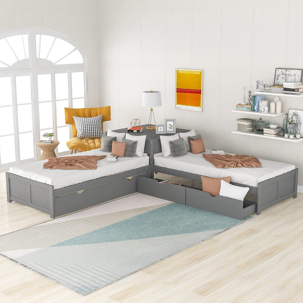 Twin L-Shaped Platform Bed with Trundle, 2 Storage Drawers, and Built-in Square Desk W107