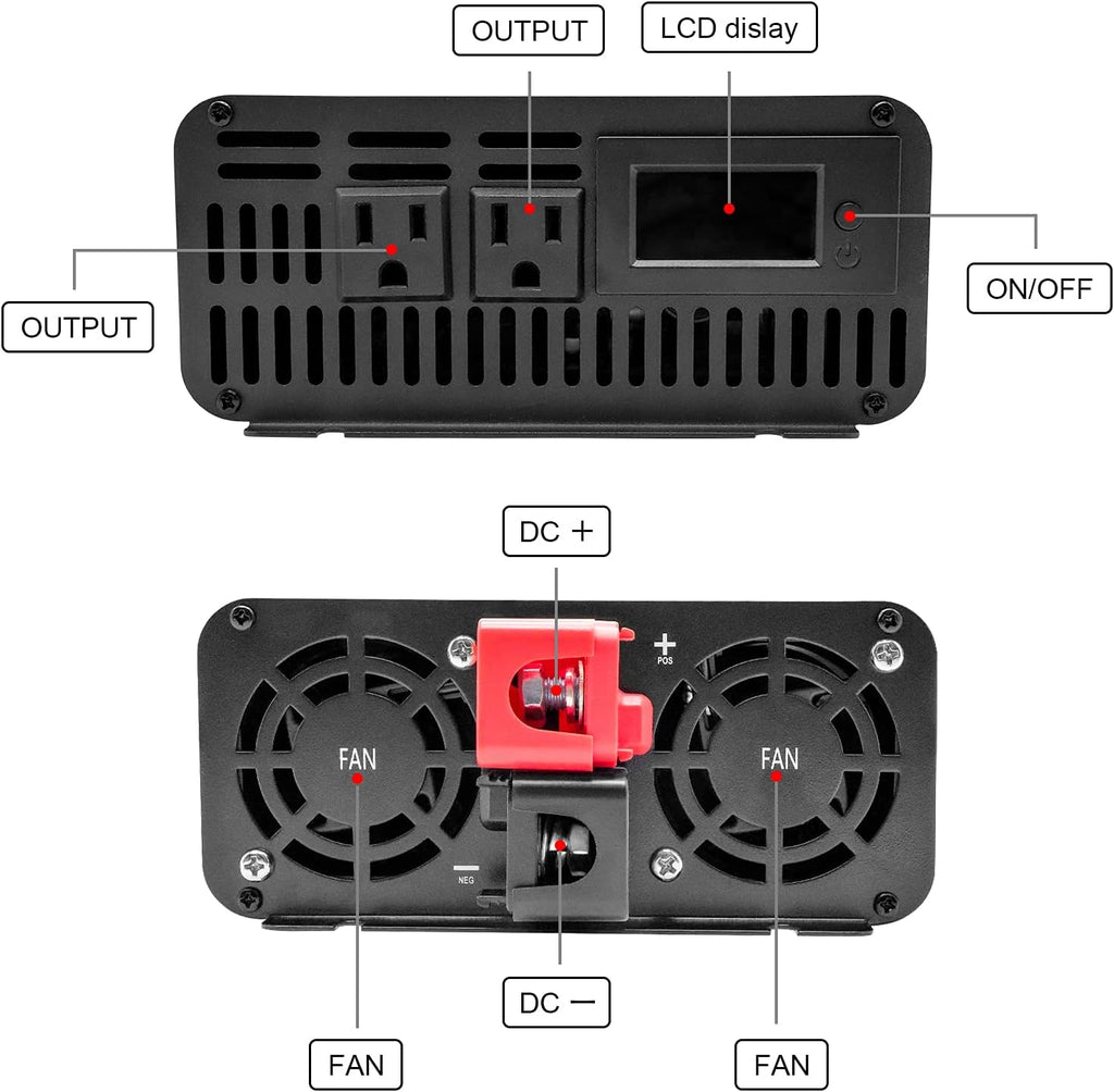 1500W Pure Sine Wave Power Inverter 12V DC to 110V AC with Dual AC Outlets D7699