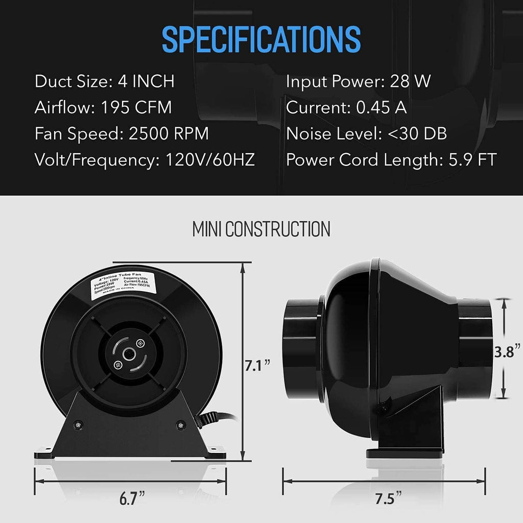4 Inch 195 CFM Inline Fan with Carbon Filter and 8 Feet Ducting K6076