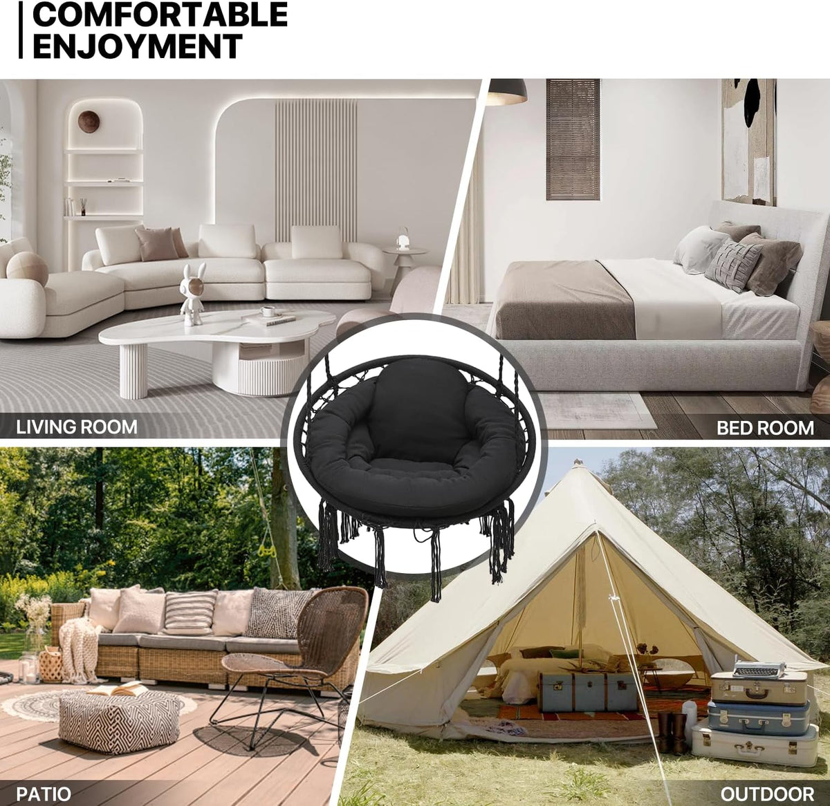 Black Hanging Hammock Chair with Large Padded Cushion, 350 Lbs Capacity X252