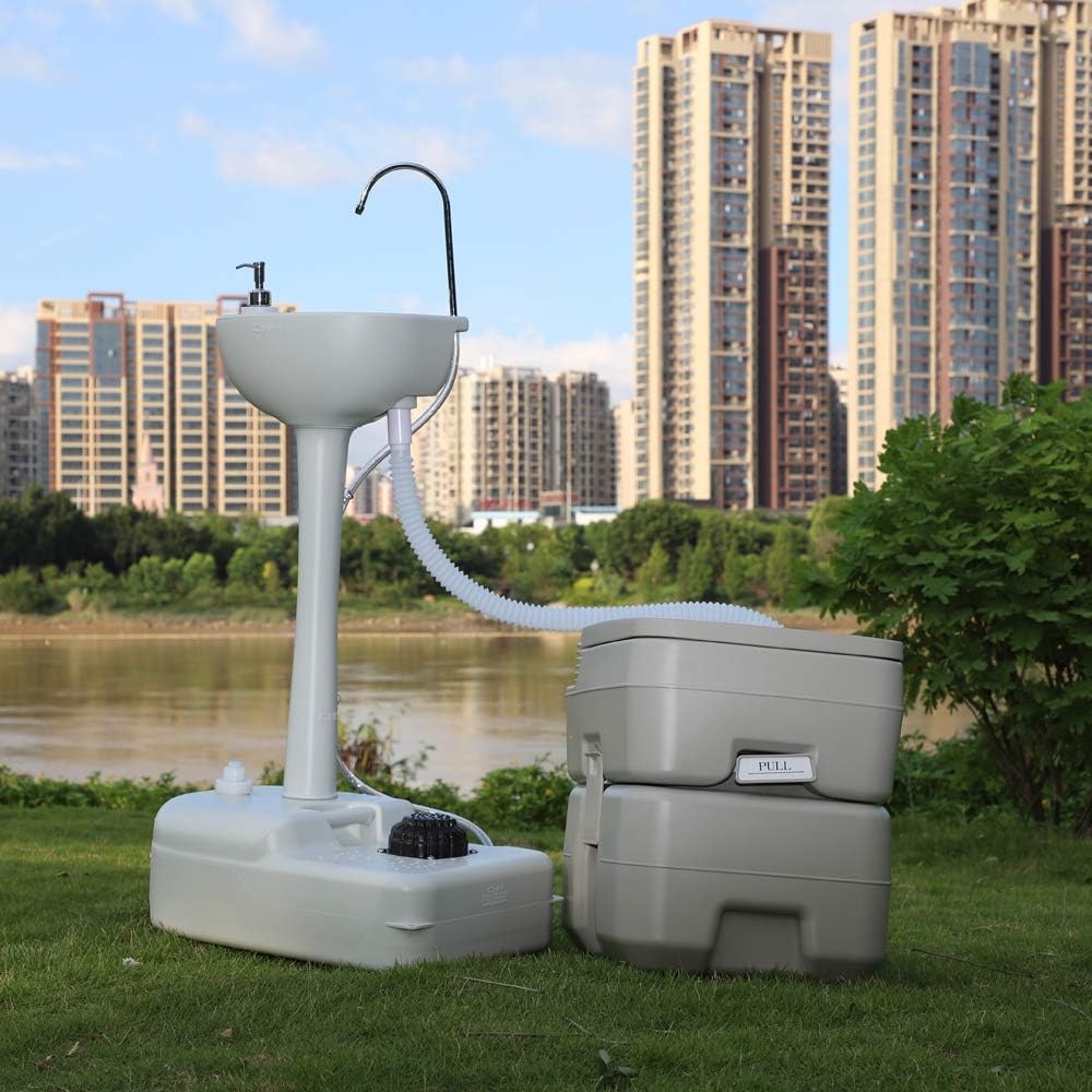 Portable Sink and Toilet Combo, 5 Gal Hand Washing Station & 5.3 Gal Flushing Toilet, Detachable W6770