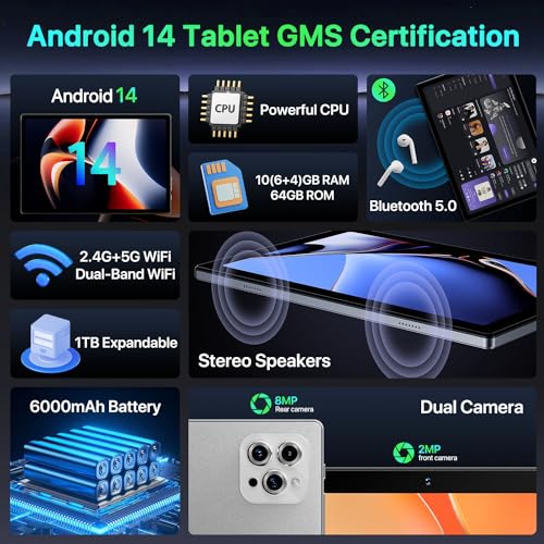 10 inch Android 14 Tablet Octa-Core 10GB RAM 64GB ROM 6000mAh Battery O4720
