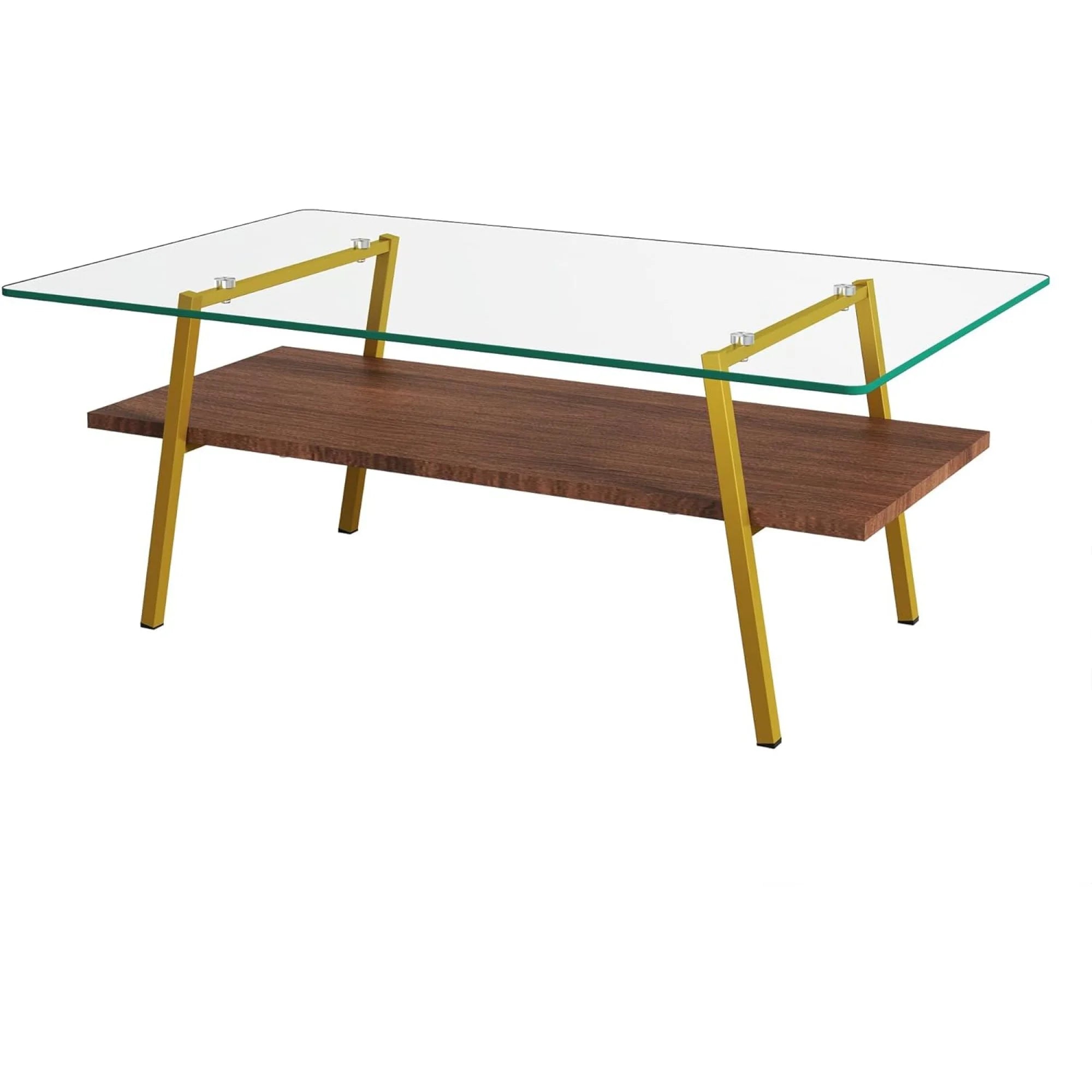 Black Frame Transparent Glass Brown Wood Coffee Table U416718