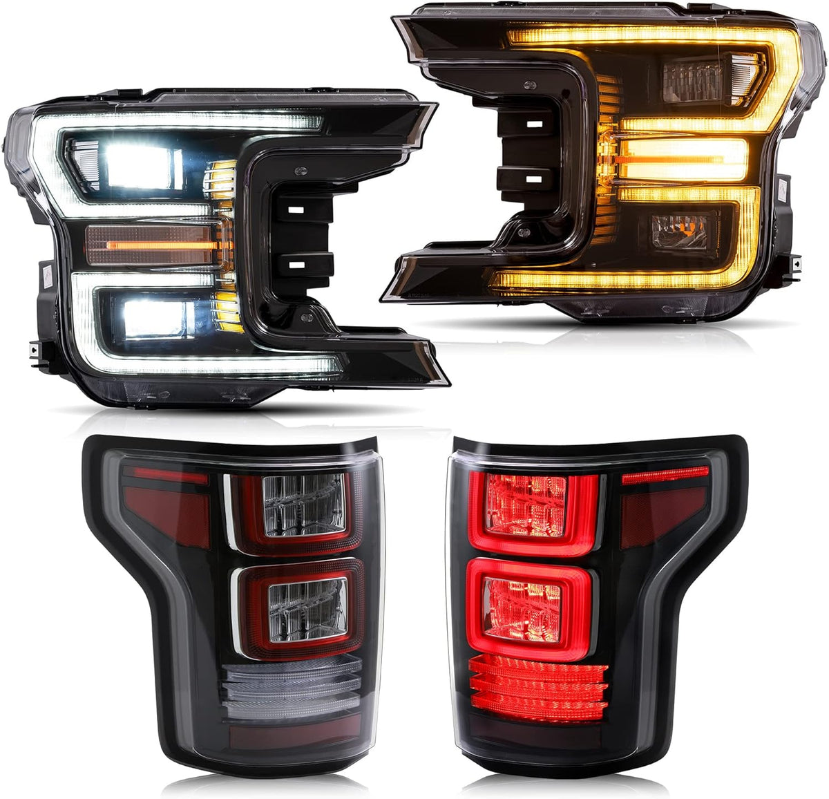 LED Projector Headlights and Clear Tail Lights with Red Turn Signal Lights for Ford F150 2018 2019 2020 L5465