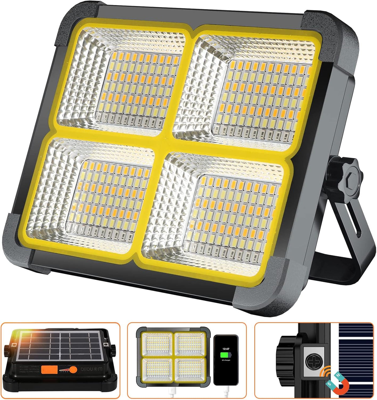 Rechargeable LED Work Light with Solar Panel, 336 LEDs, 12000mAh Y4081