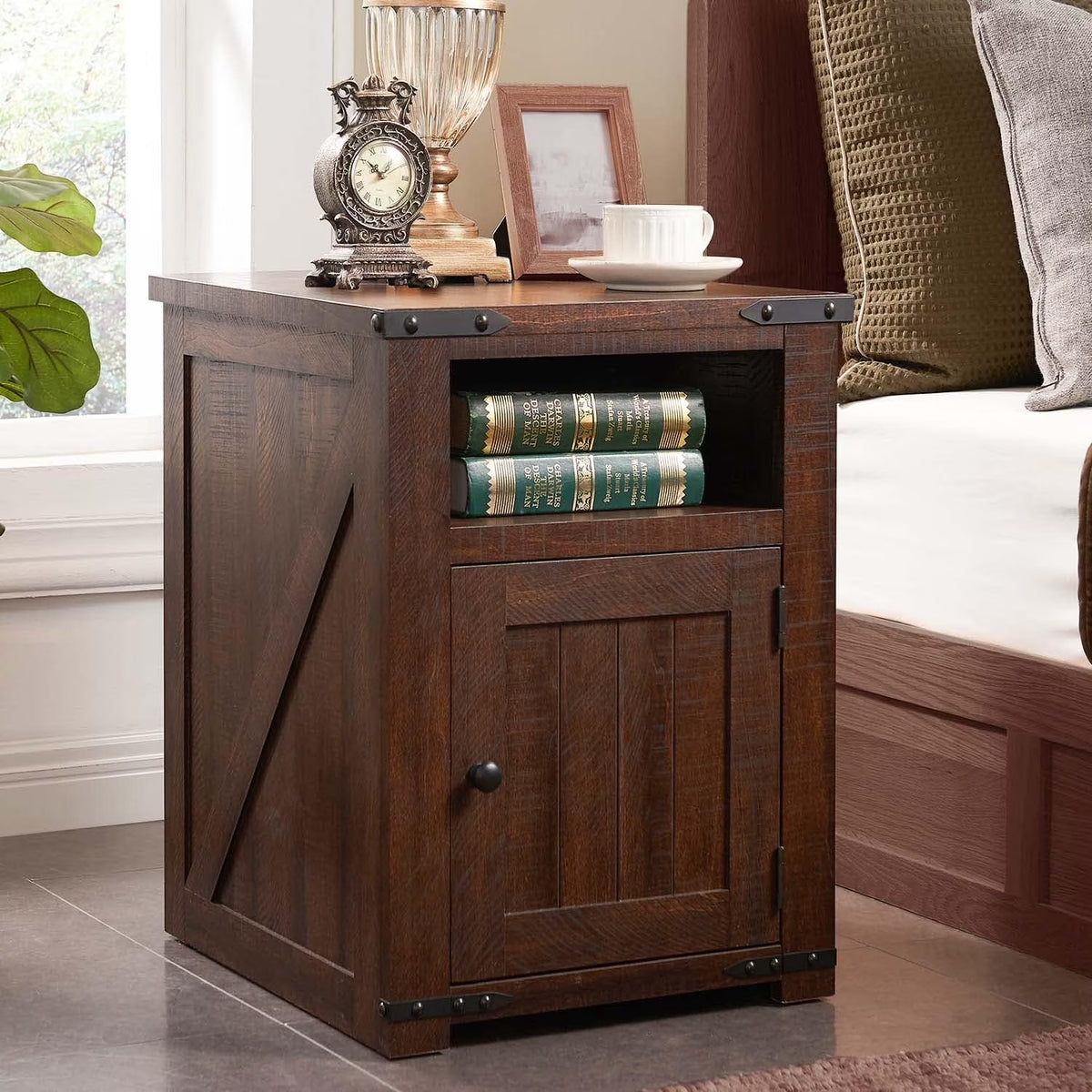 Brown Nightstand with Charging Station, Barn Door, Open Shelf K47091