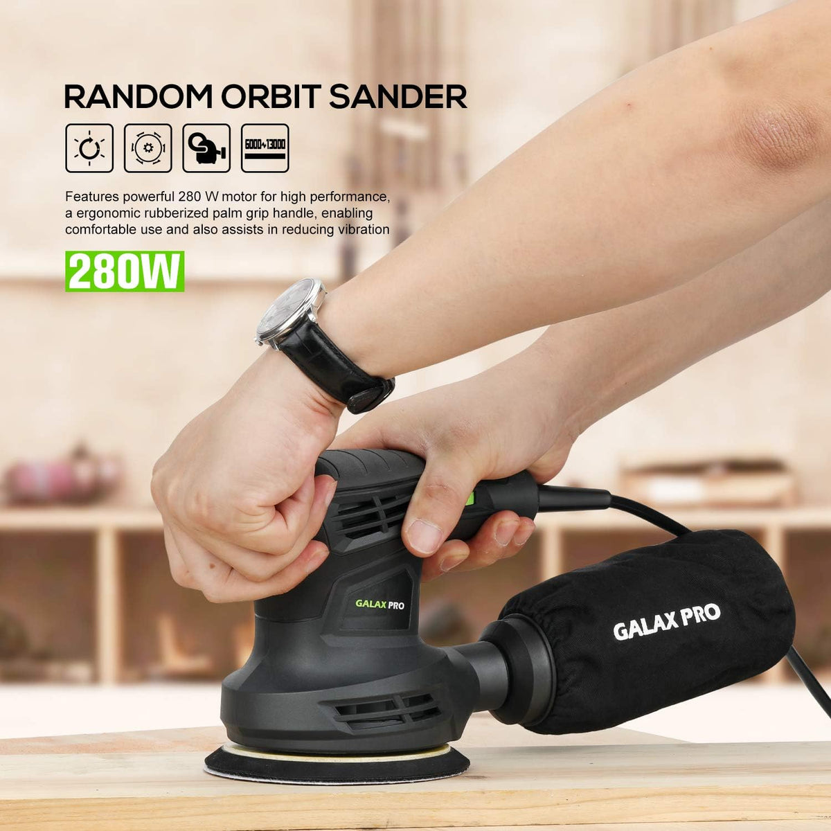 280W 5" Variable Speeds Orbital Sander with Dust Collector, 15Pcs Sanding Discs Y62591