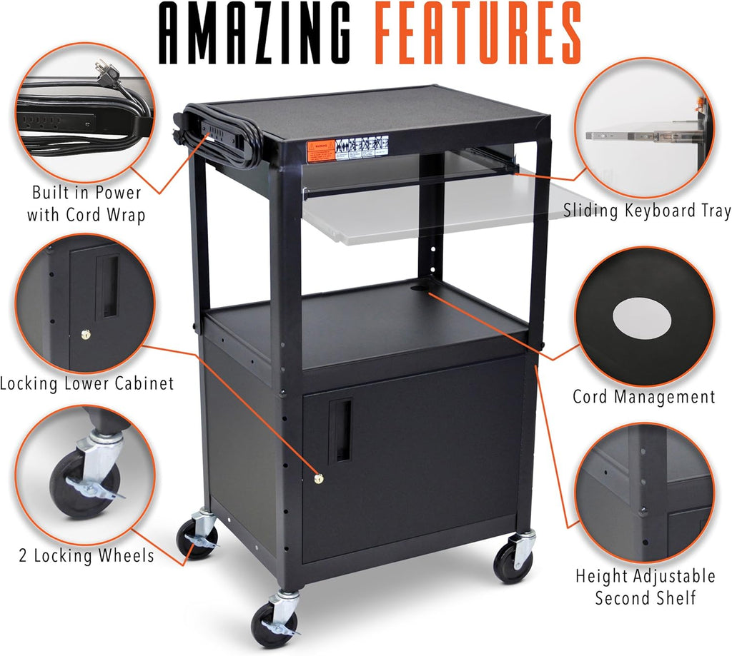 Extra Wide AV Cart with Locking Cabinet and Pullout Keyboard Tray N95547