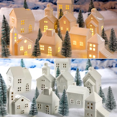 22 Pcs Ceramic Christmas Village Set with Light Include 9 Lighted Village Houses 13 Christmas Trees White Roof S85314