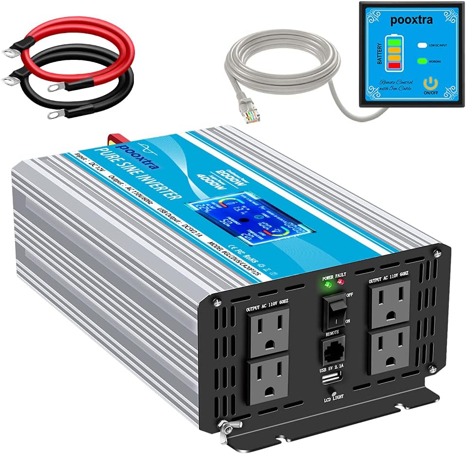 2000 Watt Pure Sine Wave Power Inverter 12V DC to 110V AC with LCD Display USB Port 4 AC Outlets U931