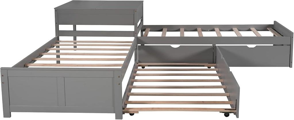 Twin L-Shaped Platform Bed with Trundle, 2 Storage Drawers, and Built-in Square Desk W107