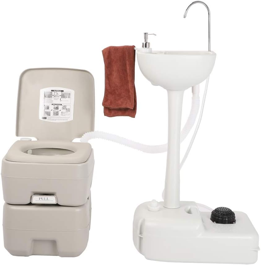 Portable Sink and Toilet Combo, 5 Gal Hand Washing Station & 5.3 Gal Flushing Toilet, Detachable W6770