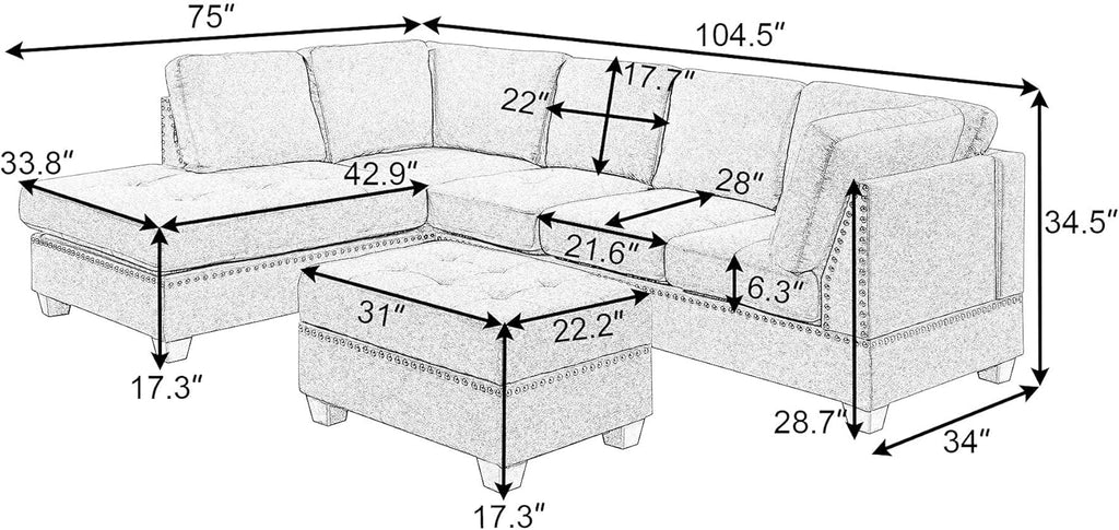Reversible Sectional Sofa with Storage and Chaise Lounge Couch, Wooden Frame L-Shaped Corner Sofa Set with Ottoman, Black G965