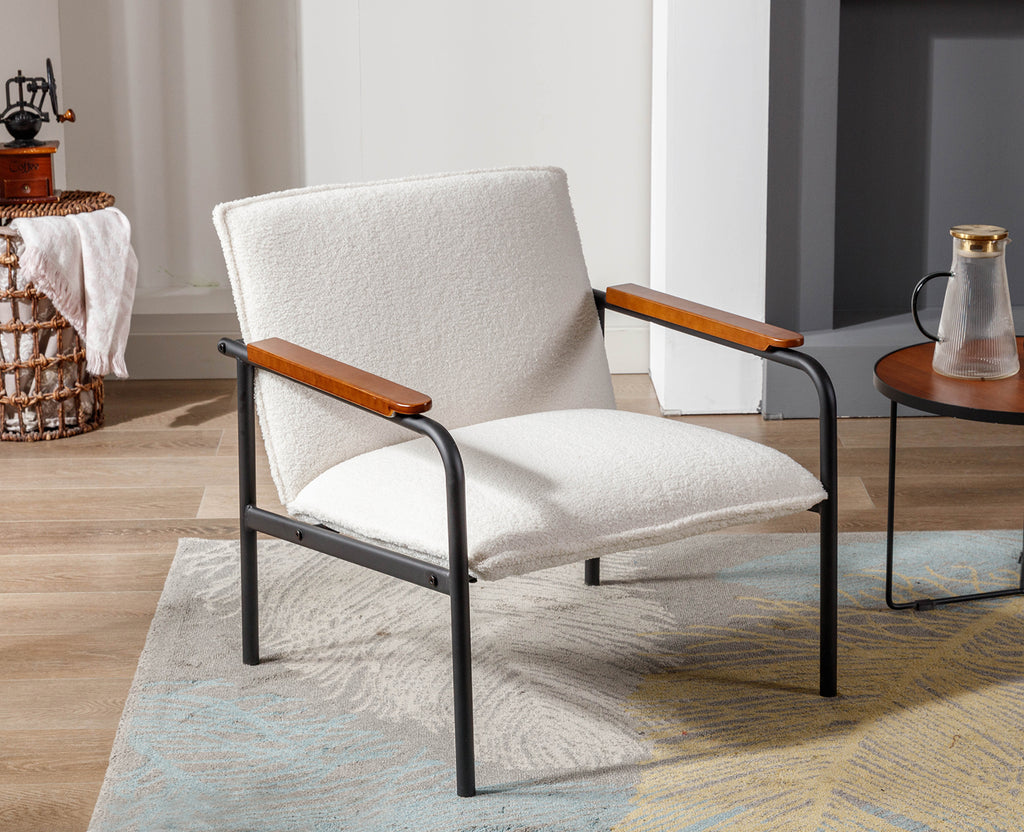 White Sherpa Armchair with Wooden Armrests and Metal Legs Z623