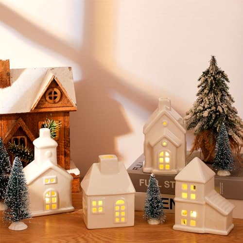 22 Pcs Ceramic Christmas Village Set with Light Include 9 Lighted Village Houses 13 Christmas Trees White Roof S85314