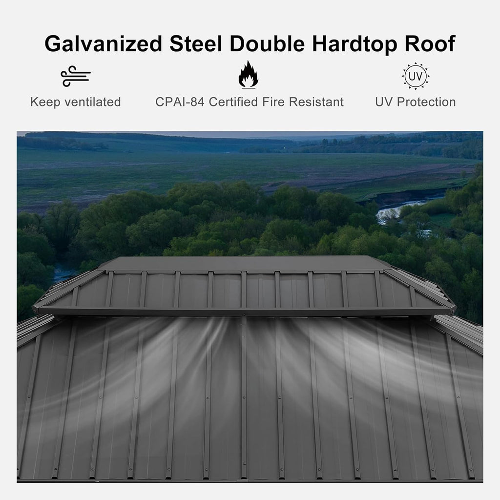 Grey 11' x 14' Hardtop Gazebo with Galvanized Steel Double Roof I53869