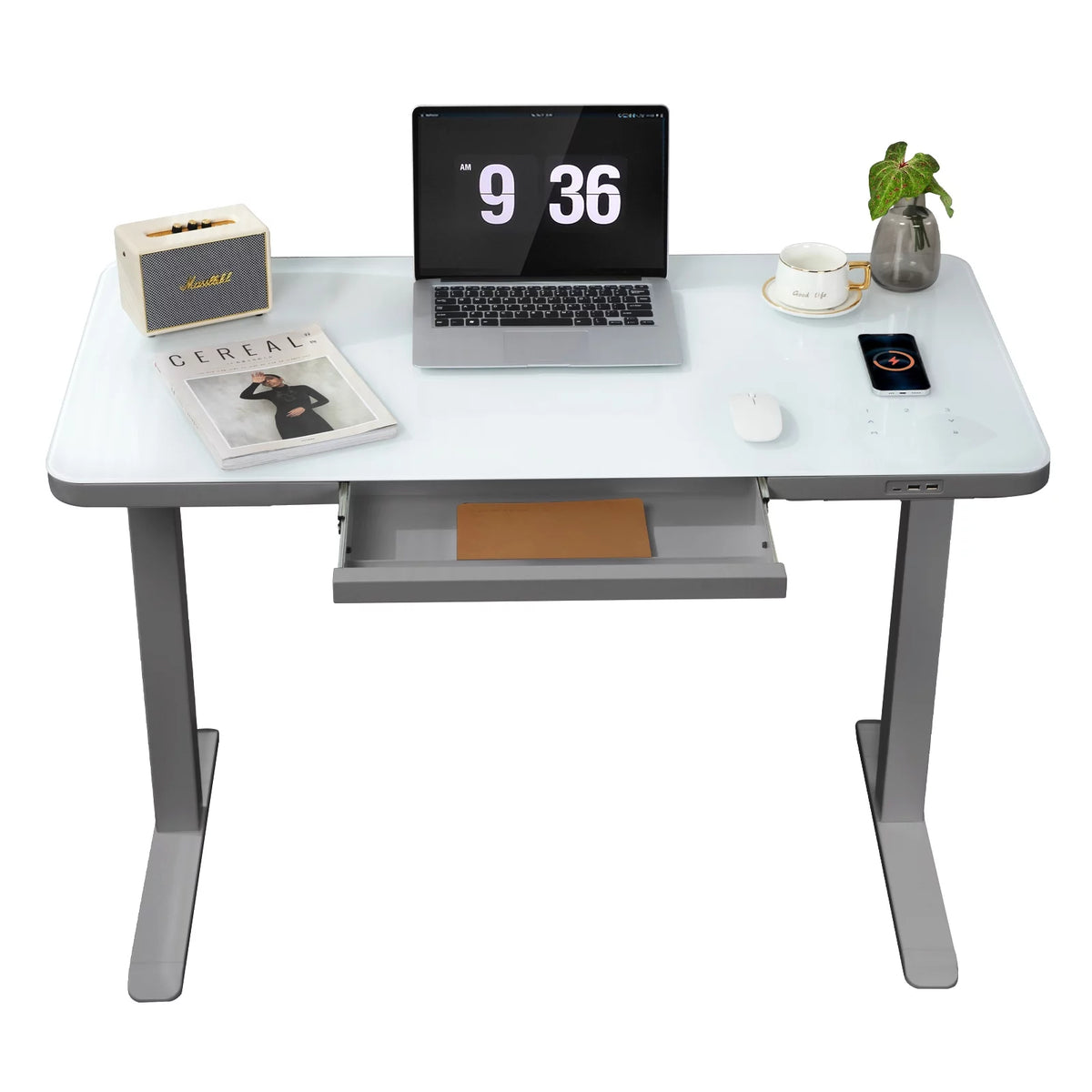 Gray Dual Motor Height Adjustable Desk with Drawer and Tempered Glass Top S907