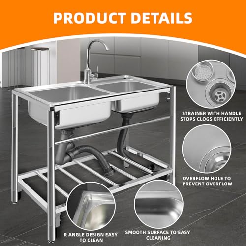 Stainless Steel Double Bowl Free Standing Utility Sink 31.5" x 16.9" x 29.5" H90143
