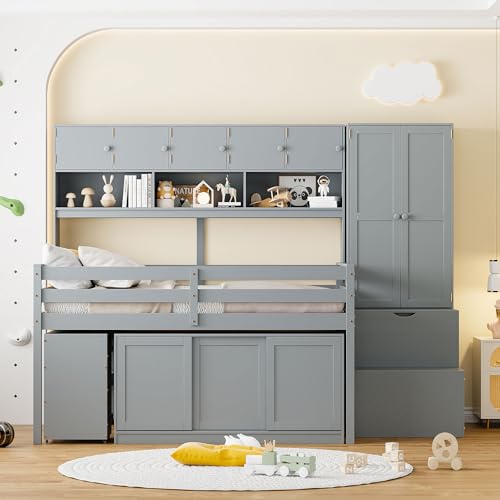 White Twin Size Solid Wood Loft Bed with Storage K825354