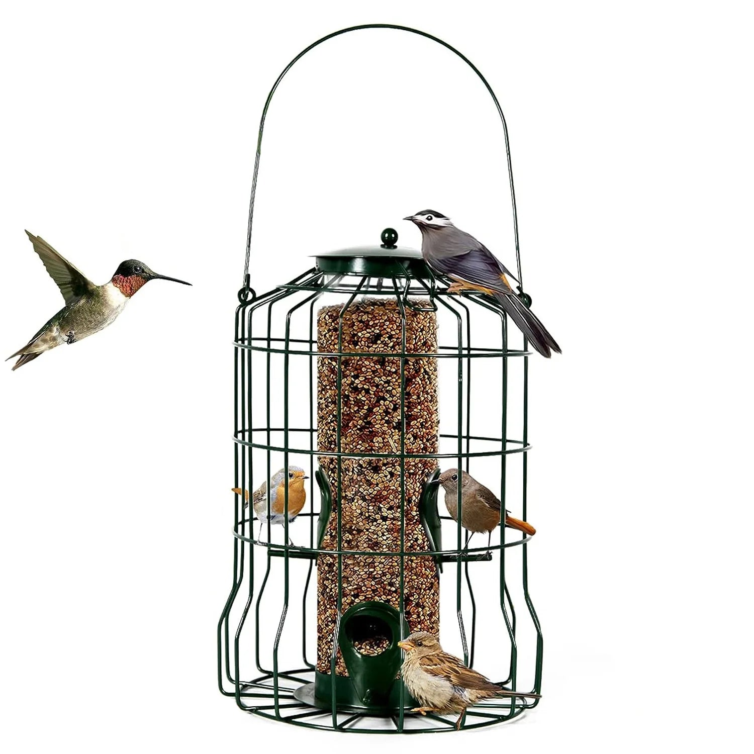 Green Metal Hanging Bird Feeder with 4 Feeding Ports X6945
