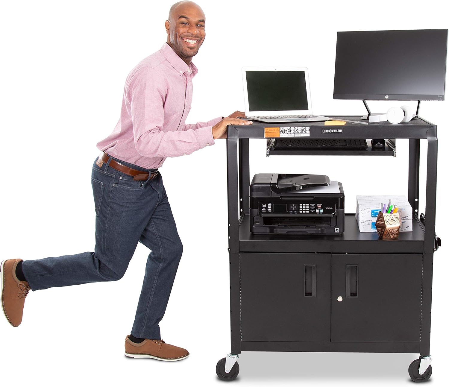 Extra Wide AV Cart with Locking Cabinet and Pullout Keyboard Tray N95547